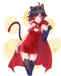  1girl animal_ears black_hair black_legwear cape cat_cutout cat_ears cat_tail cleavage_cutout cloak dress fake_animal_ears fang gloves gradient_hair grey_eyes halter_dress highres hood hooded_cloak iesupa multicolored_hair red_cape red_dress redhead ruby_rose rwby short_hair single_glove solo tail thigh-highs two-tone_hair 