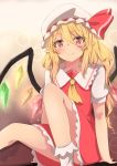  1girl arm_support blonde_hair blush bobby_socks bright_pupils brown_background commentary convenient_leg cravat eyebrows_visible_through_hair feet_out_of_frame flandre_scarlet gradient gradient_background hair_between_eyes hat hat_ribbon head_tilt highres knee_up looking_at_viewer mizune_(winter) mob_cap one_side_up petticoat pointy_ears red_eyes red_skirt red_vest ribbon short_hair sitting skirt slit_pupils smile socks solo sparkle sparkle_background touhou vest white_headwear white_legwear white_pupils wings yellow_neckwear 