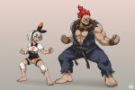  1boy 1girl barefoot beads black_bodysuit bodysuit bodysuit_under_clothes breasts brown_gloves clenched_hands covered_navel crossover dark_skin dougi eyebrows_visible_through_hair fang fighting_stance front-tie_top gloves gouki grey_hair gym_leader height_difference highres jmg knee_pads medium_breasts muscle no_eyebrows no_pupils padded_gloves pectorals pokemon pokemon_(game) pokemon_swsh prayer_beads print_shorts red_eyes redhead saitou_(pokemon) shorts single_glove sleeveless street_fighter sweat topknot 