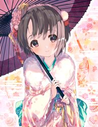  1girl ball bangs blush bow closed_mouth egasumi flower fur_trim grey_eyes grey_hair hair_bow hair_flower hair_ornament hairband head_tilt holding holding_umbrella idolmaster idolmaster_cinderella_girls japanese_clothes kanzashi kimono long_sleeves looking_at_viewer obi orange_background oriental_umbrella otokura_yuuki pink_kimono pom_pom_(clothes) sash short_hair smile social_kasu_(mob_oji_katu) solo swept_bangs umbrella wide_sleeves yellow_bow 