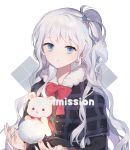  1girl :t bangs black_capelet black_shirt blue_eyes blush bow brown_nails capelet closed_mouth commission eyebrows_visible_through_hair fingernails fur-trimmed_capelet fur_trim grey_hair hair_ornament hands_up long_hair long_sleeves looking_at_viewer moffle_(ayabi) one_side_up original pout red_bow shirt snowball solo star star_hair_ornament stuffed_animal stuffed_toy teddy_bear upper_body very_long_hair white_background 