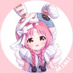  1girl :d akane_mimi animal_ears animal_hat bandaged_ear bandaged_hands bandages bangs blush bow braid brown_eyes bunny_hair_ornament bunny_hat character_name earmuffs eyebrows_visible_through_hair fake_animal_ears fake_wings flying_sweatdrops hair_ornament hands_up hat long_hair looking_at_viewer low_twintails open_mouth parted_bangs pink_background pink_capelet pink_hair pink_headwear princess_connect! princess_connect!_re:dive rabbit_ears smile solo tokenbox twin_braids twintails two-tone_background white_background white_bow white_wings wings 