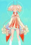  1girl absurdres bangs blue_background blush closed_mouth commentary dress eyebrows_visible_through_hair feet_out_of_frame highres horns legs_apart long_sleeves looking_at_viewer no_nose original pink_hair rosette_(yankaixuan) short_dress short_hair sleeves_past_wrists smile socks solo standing twintails white_dress white_legwear yellow_eyes 