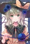  1girl black_headwear black_neckwear black_ribbon blue_flower bow bowtie collar collared_shirt eyeball eyebrows_visible_through_hair flower frilled_collar frilled_sleeves frills green_eyes green_hair hand_up hat hat_ribbon heart heart_of_string jaku_sono komeiji_koishi medium_hair ribbon rose shirt short_sleeves solo string third_eye touhou wavy_hair yellow_bow yellow_ribbon yellow_shirt 