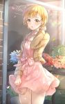  1girl :0 bangs blonde_hair blush brown_hair brown_jacket building cuna_(qunya) dress earrings floral_print flower flower_shop front-tie_dress fukuda_noriko highres idolmaster idolmaster_million_live! idolmaster_million_live!_theater_days jacket jewelry lamppost lavender_flower looking_at_viewer necklace open_mouth outdoors petals pink_dress pink_flower red_flower reflection shop short_hair solo sunlight sunset wind wind_lift window 