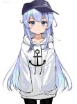  1girl alternate_costume anchor_print anchor_symbol blue_eyes blush flat_cap hair_between_eyes hat hibiki_(kantai_collection) kantai_collection long_hair long_sleeves moyasi3409854 silver_hair simple_background smile solo thigh-highs white_background white_hoodie 