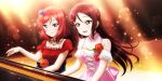  2girls dress flower hair_flower hair_ornament highres instrument jewelry light_particles love_live! love_live!_school_idol_festival_all_stars love_live!_school_idol_project love_live!_sunshine!! multiple_girls necklace nishikino_maki official_art piano redhead sakurauchi_riko stage trait_connection 