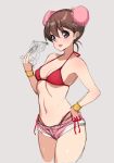  1girl bikini bracer breasts brown_hair bun_cover character_request commentary_request copyright_request double_bun hand_on_hip navel pink_shorts poin red_bikini short_hair short_shorts shorts sketch small_breasts solo spaghetti_strap swimsuit violet_eyes 