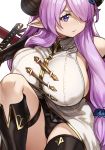  1girl breasts covered_nipples demon_horns draph elbow_gloves fighting_stance gloves granblue_fantasy hair_over_one_eye highres holding holding_sword holding_weapon horns houtengeki huge_breasts large_breasts lavender_hair narmaya_(granblue_fantasy) pointy_ears sheath squatting sword thigh_strap violet_eyes weapon 