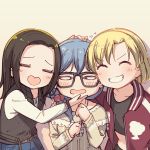 3girls =_= ^_^ asahi_rokka ayasaka bang_dream! bangs beige_background black-framed_eyewear black_hair black_shirt black_vest blonde_hair blue_hair bracelet closed_eyes commentary_request crop_top facing_viewer flying_sweatdrops glasses grin group_picture hair_over_shoulder hand_on_another&#039;s_chin hand_on_another&#039;s_head heart-shaped_mouth jacket jewelry long_hair long_sleeves low-tied_long_hair multiple_girls no_bangs parted_hair print_scrunchie red_jacket satou_masuki scrunchie shirt short_hair smile star star_print track_jacket upper_body v-shaped_eyebrows vest wakana_rei white_shirt