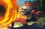  andou_emi blue_sky bush clenched_teeth commentary creature day english_commentary fangs fire gen_7_pokemon grass incineroar legs_apart multiple_sources no_humans official_art outdoors pokemon pokemon_(creature) pokemon_trading_card_game shadow sharp_teeth sky solo standing teeth third-party_source 