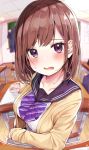  1girl absurdres bangs blurry blurry_background blush breasts brown_hair chair classroom collarbone commentary_request desk eyebrows_visible_through_hair face highres indoors large_breasts long_sleeves looking_at_viewer mole original rouka_(akatyann) school_chair school_desk shirt short_hair solo_focus violet_eyes white_shirt 