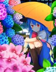  1girl aqua_flower blue_flower blue_hair blue_skirt blush boots bow bowtie brown_footwear commentary_request cross-laced_footwear eyebrows_visible_through_hair flower hat highres hinanawi_tenshi holding holding_umbrella hydrangea knee_boots lace-up_boots leaf looking_at_viewer mechanical_pencil morino_kino pencil pink_flower puffy_short_sleeves puffy_sleeves purple_flower rain red_eyes red_neckwear short_sleeves skirt smile solo squatting touhou umbrella 