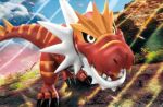  3d claws commentary creature day dinosaur english_commentary full_body gen_6_pokemon hatachuu multiple_sources no_humans official_art outdoors pokemon pokemon_(creature) pokemon_trading_card_game solo third-party_source tyrantrum 