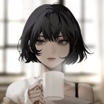  1girl 1l9l2aa8ucl0igj bangs bare_shoulders black_hair cup face grey_eyes holding holding_cup korean_commentary looking_to_the_side mole mole_under_eye mug off_shoulder original short_hair strap window 