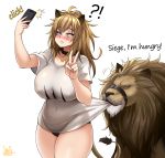  !? 1girl animal animal_ears antenna_hair arknights black_panties blush breasts brown_eyes brown_hair cellphone collar commentary covered_nipples embarrassed english_commentary english_text fang highres holding holding_cellphone holding_phone huge_breasts jmg lion lion_ears lion_tail medium_hair messy_hair muzzle nose_blush pajamas_challenge panties phone print_shirt pulled_by_another self_shot shirt siege_(arknights) standing studded_collar t-shirt tail taking_picture taut_clothes taut_shirt thick_thighs thighs underwear v whiskers 