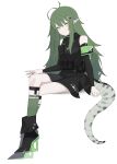 1girl a_iri_a absurdres antenna_hair arknights armband bare_shoulders belt belt_pouch black_dress boots closed_mouth crocodile_tail crossed_legs detached_sleeves dress full_body gavial_(arknights) green_hair green_legwear high_heel_boots high_heels highres invisible_chair kneehighs long_hair long_sleeves looking_at_viewer pointy_ears pouch simple_background sitting solo tail very_long_hair white_background yellow_eyes