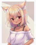  1girl :d absurdres animal_ear_fluff animal_ears bangs black_collar blush breasts collar collarbone commentary_request dark_skin eyebrows_visible_through_hair hair_between_eyes highres light_brown_hair looking_at_viewer off-shoulder_shirt off_shoulder open_mouth original red_eyes sakuraume shirt short_sleeves small_breasts smile solo upper_body white_shirt 