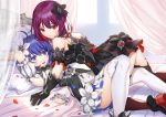  2girls ass bangs bare_shoulders bed black_dress black_gloves black_sleeves blue_eyes blue_hair blush bronya_zaychik brown_legwear canopy_bed chain commentary_request detached_sleeves dress eyebrows_visible_through_hair flower frilled_pillow frills girl_on_top gloves hair_between_eyes hair_flower hair_ornament high_heels highres honkai_(series) honkai_impact_3rd keyhole leg_between_thighs looking_at_viewer looking_to_the_side lying multicolored_hair multiple_girls on_back on_bed parted_lips petals pillow piyo_(pixiv_2308057) puffy_short_sleeves puffy_sleeves purple_hair red_eyes red_footwear redhead seele_vollerei shoe_soles shoes short_sleeves sleeveless sleeveless_dress sweat thigh-highs transparent two-tone_hair upper_teeth veliona white_flower white_legwear white_sleeves yuri 