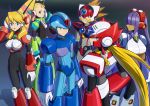  3boys 3girls alia_(rockman) android aqua_eyes armor armored_boots axl bangs black_background black_bodysuit blonde_hair blue_armor blue_background blue_bodysuit blue_eyes blue_headwear bodysuit boots breasts brown_bodysuit brown_hair commentary_request cowboy_shot dark_skin eyebrows_visible_through_hair forehead gauntlets gloves gradient gradient_background green_armor green_eyes grey_bodysuit grin hair_over_eyes hand_on_headphones hand_on_hip hand_up headphones helmet highres hime_cut large_breasts layer long_hair looking_at_viewer low_ponytail mitsunagami mole mole_under_eye multiple_boys multiple_girls outline palette_(rockman) parted_lips pink_armor profile purple_armor purple_hair red_armor robot_ears rockman rockman_x rockman_x8 scar shadow sidelocks small_breasts smile spiky_hair standing twintails white_armor white_gloves x_(rockman) zero_(rockman) 