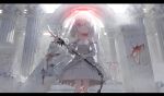  1girl backlighting blood bow bowtie dress elbow_gloves eyepatch gloves halo highres looking_at_viewer mace original red_eyes red_neckwear ruins samidare skull smile solo veil weapon white_dress white_gloves white_hair 