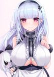  1girl absurdres anchor_choker apron azur_lane bangs black_hairband breasts button_eyes buttons center_frills choker dido_(azur_lane) doll eyebrows_visible_through_hair frilled_apron frilled_choker frills hairband hands_on_own_breasts highres holding holding_doll large_breasts ryara_vivi shirt short_hair silver_hair sleeveless sleeveless_shirt smile solo stuffed_toy under_boob underboob_cutout upper_body violet_eyes waist_apron white_apron white_shirt 