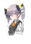  1girl bangs black_bow black_vest blush bow bronya_zaychik bunny_hair_ornament closed_mouth collared_shirt commentary_request cropped_torso dokomon drill_hair eyebrows_visible_through_hair grey_hair hair_between_eyes hair_bow hair_ornament highres honkai_(series) honkai_impact_3rd korean_commentary orange_bow polka_dot polka_dot_bow puffy_short_sleeves puffy_sleeves shirt short_sleeves simple_background solo striped striped_shirt twin_drills twintails upper_body vertical-striped_shirt vertical_stripes vest violet_eyes white_background white_shirt 