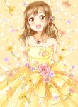  1girl :d =d bangs bare_shoulders birthday blush collarbone daisy dress floral_background floral_print flower hair_flower hair_ornament happy_birthday hiro9779 jewelry kunikida_hanamaru lavender_flower lavender_rose light_brown_hair long_hair looking_at_viewer love_live! love_live!_sunshine!! necklace open_mouth peach_rose pink_flower pink_rose red_flower rose skirt_hold smile solo star starry_background strapless strapless_dress upper_teeth wedding_dress white_lily yellow_dress yellow_eyes 