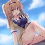  1girl bangs breasts brown_eyes clouds cloudy_sky commentary_request dutch_angle eyebrows_visible_through_hair hair_between_eyes hairband hands_on_own_thighs highres hirune_(konekonelkk) i-26_(kantai_collection) jacket kantai_collection knee_up large_breasts light_brown_hair looking_at_viewer medium_hair open_clothes open_jacket outdoors school_swimsuit short_sleeves sidelocks sky solo swimsuit 