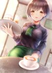  1girl ai_(sigatutoukaa) black_shirt blurry blurry_background brown_hair cafe coffee cup dutch_angle green_neckwear highres latte_art lens_flare long_sleeves looking_at_viewer mole mole_under_eye necktie open_mouth original pov_across_table saucer shirt short_hair short_necktie smile solo table teacup tray waitress yellow_eyes 
