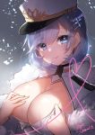  1girl absurdres apple_caramel azur_lane blue_eyes blue_hair blush breasts chapayev_(azur_lane) eyebrows_visible_through_hair gloves hair_ornament hairclip hat highres jacket large_breasts looking_at_viewer military_hat peaked_cap short_hair smile snowing solo white_headwear white_jacket 