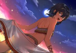  1girl ahoge ass bikini black_hair blush brown_eyes dark_skin fanbox_reward konbu_wakame looking_at_viewer moon open_mouth original outdoors paid_reward short_hair sky smile solo star_(sky) starry_sky sunset swimsuit 