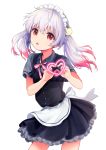  1other :o absurdres apron back_bow bear_hair_ornament blush bow commentary_request dress eyebrows_visible_through_hair fukakai_na_boku_no_subete_wo gradient_hair grey_shirt hair_between_eyes hair_ornament heart heart_hands highres konayama_kata layered_dress looking_at_viewer maid_headdress medium_hair multicolored_hair open_mouth original pinafore_dress red_eyes redhead shirt short_sleeves silver_hair simple_background solo twintails waist_apron white_background 