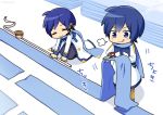 2boys blue_eyes blue_hair blue_pants blue_scarf brown_pants chibi closed_eyes coat commentary cutting fabric holding holding_scarf holding_scissors ice_cream_cup kaito kaito_(vocaloid3) kneeling male_focus multiple_boys nokuhashi pants scarf scissors smile standing tape_measure tongue tongue_out translated visible_air vocaloid white_coat 