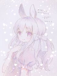  1girl animal_ears bangs blue_background blush bow chitosezaka_suzu closed_mouth commentary_request dated dress eyebrows_visible_through_hair hair_between_eyes hair_bow hand_up heart heart_background highres original puffy_short_sleeves puffy_sleeves purple_dress purple_hair rabbit_ears short_sleeves smile solo traditional_media translation_request upper_body violet_eyes white_bow 