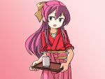  1girl adrian_ferrer bow commentary cowboy_shot cup english_commentary gradient gradient_background hair_bow hakama japanese_clothes kamikaze_(kantai_collection) kantai_collection kimono long_hair meiji_schoolgirl_uniform pink_hakama purple_hair red_background red_kimono solo standing tasuki tray violet_eyes yellow_bow yunomi 