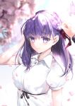  1girl bangs black_ribbon blurry_foreground breasts commentary_request dress eyebrows_visible_through_hair fate/stay_night fate_(series) hair_ribbon hane_yuki highres large_breasts long_hair looking_at_viewer matou_sakura purple_hair red_ribbon ribbon smile solo_focus violet_eyes 