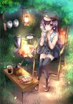  1girl barbecue black_legwear black_skirt blowing boots bowl camping chair commentary_request cup eyebrows_visible_through_hair fire folding_chair folding_table frying_pan grass green_vest hair_between_eyes hat holding holding_cup lantern long_hair long_sleeves original outdoors peaked_cap plaid plaid_skirt plate pot purple_hair sakurano_tsuyu shirt sitting skirt solo steam sunny_side_up_egg thigh-highs tree vest violet_eyes wood yellow_shirt zettai_ryouiki 