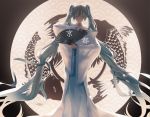  1girl blue_eyes blue_hair eyes_closed fan hatsune_miku highres holding_fan kimono kuroi_enpitsu vocaloid 