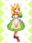  1girl animal_ears blonde_hair blue_eyes bow brown_footwear copyright_request dress full_body green_dress hair_bow hands_together horns pixel_art pixelflag puffy_sleeves red_bow simple_background standing 