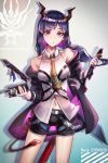  1girl arknights bangs bare_shoulders belt breasts ch&#039;en_(arknights) commentary_request dragon_horns eyebrows_visible_through_hair highres holding holding_sword holding_weapon horns jacket long_hair looking_at_viewer low_twintails navel necktie nerok pout purple_hair shorts solo sword tail twintails violet_eyes weapon 