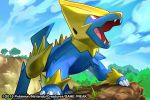  2015 blue_sky clouds cloudy_sky commentary creature day dog_focus english_commentary fangs full_body gen_3_pokemon grass looking_up manectric match_(idleslumber) multiple_sources no_humans open_mouth outdoors pokemon pokemon_(creature) pokemon_trading_card_game red_eyes sky solo standing tree watermark 