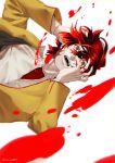  1boy absurdres black_hair blood collarbone hand_on_own_face highres lycan_kafka male_focus multicolored multicolored_hair open_mouth original red_eyes redhead sharp_teeth simple_background solo tears teeth twitter_username 