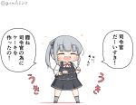  1girl belt cake chibi closed_eyes commentary_request dress food fork full_body goma_(yoku_yatta_hou_jane) grey_hair grey_legwear hair_ribbon kantai_collection kasumi_(kantai_collection) kneehighs long_hair long_sleeves neck_ribbon open_mouth pinafore_dress remodel_(kantai_collection) ribbon shirt side_ponytail simple_background smile solo standing translation_request twitter_username white_background white_shirt 