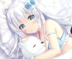  1girl :o animal_ears bangs bare_shoulders bear_ears bed_sheet blue_bow blue_bra blue_eyes blush bow bra brooch commentary_request eyebrows_visible_through_hair fingernails frilled_bra frilled_pillow frills hair_between_eyes hair_bow jewelry kohinata_hoshimi long_hair looking_at_viewer lying object_hug official_art on_side original parted_lips pillow silver_hair solo star striped striped_bow stuffed_animal stuffed_toy teddy_bear underwear 