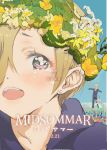  &gt;_&lt; 1boy 2girls ahoge black_hoodie blonde_hair blue_dress blue_sky blurry blurry_background blush close-up collarbone crying crying_with_eyes_open day dot_nose dress ear_piercing eyelashes field flower flower_field flying_sweatdrops formal furrowed_eyebrows grey_eyes hair_over_one_eye head_wreath highres hood hood_down hoodie hoshi_shouko huge_ahoge idolmaster idolmaster_cinderella_girls leg_cling lips long_hair midsommar multiple_girls open_mouth outdoors outstretched_arms p-head_producer parody piercing shirasaka_koume short_eyebrows short_hair silver_hair sky suit sweat swedish_text tareme tears teeth very_long_hair yellow_flower yuuuuuuuuuhi 