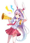  1girl absurdres animal_ears arm_up armband blouse blush cheering eyebrows_visible_through_hair highres holding_megaphone lavender_hair long_hair looking_at_viewer megaphone necktie open_mouth pleated_skirt purple_hair rabbit_ears red_eyes red_neckwear red_skirt reisen_udongein_inaba satori_(pixiv) school_uniform short_sleeves skirt smile solo touhou very_long_hair white_background white_blouse wing_collar 