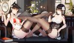  1girl 2girls animal_ears atago_(azur_lane) azuma_(azur_lane) azur_lane bangs bare_shoulders black_hair black_legwear blush box breasts brown_eyes couch dress eyebrows_visible_through_hair feet flower gift gift_box hair_between_eyes hair_flower hair_ornament hair_ribbon indoors large_breasts long_hair looking_at_viewer mole mole_under_eye multiple_girls on_couch plumw ribbon smile thigh-highs thighs very_long_hair white_ribbon 