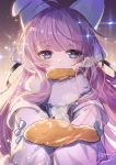  1girl absurdres ahoge animal_ears apple_caramel azur_lane bangs black_ribbon blue_eyes blush cat_ears closed_mouth coat commentary eyebrows_visible_through_hair fake_animal_ears food food_in_mouth fur-trimmed_coat fur_trim hair_ribbon highres holding holding_food looking_at_viewer offering overcoat purple_hair ribbon sidelocks signature sleeves_past_fingers sleeves_past_wrists smile solo taiyaki tashkent_(azur_lane) upper_body very_long_sleeves wagashi white_coat 