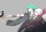  2girls arm_around_shoulder arm_guards armor byleth_(fire_emblem) byleth_eisner_(female) coat dagger edelgard_von_hresvelg eyebrows_visible_through_hair feather_trim fire_emblem fire_emblem:_three_houses green_hair grey_hair highres looking_to_the_side multiple_girls navel_cutout pointing_sword pointing_weapon serious silver_hair sword_of_the_creator weapon yukina_megumi 